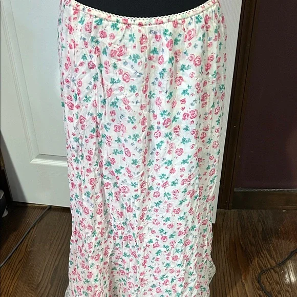 Vtg April Cornell White Maxi Skirt lace Pink & Green Floral Print Sz M - Picture 2 of 5